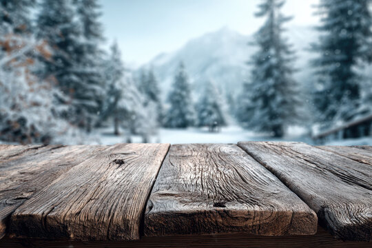 Wooden table foregrounding blurred winter forest scape, snow-covered trees creating a cold, atmospheric background