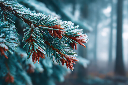 Pine branch with needles and cones covered in fresh white snow during a snowfall, creating a peaceful winter scene in nature