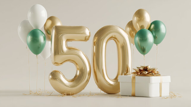 Golden number 50 with complementing green, gold, and white party balloons and a gift box, celebrating a special event