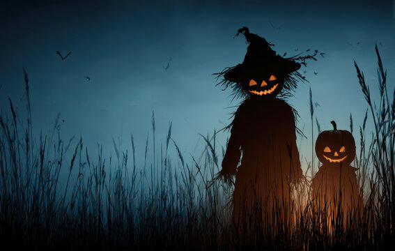 Halloween night with creepy scarecrow and child in foggy field under full moon, flying bats, spooky horror scene