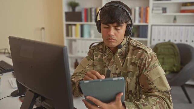 Man soldier in camouflage uniform tapping tablet with hand at desk in building, wearing headset and dog tags; duty concentration.