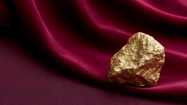 Raw Gold Nugget on Elegant Burgundy Velvet Fabric, Symbolizing Wealth, Luxury, and Success in a Rich, Textured Background