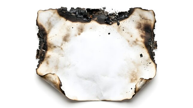 Burnt white paper texture with scorched charred edges isolated on a white background, burnt edge