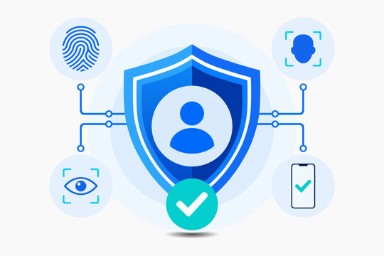 Verified digital identity. Biometric user authentication. Protected account security. Flat illustration
