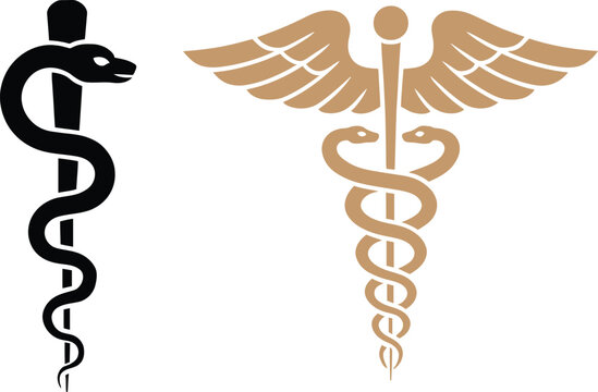 Medical staff of aesculapius and caduceus symbols for healthcare pharmacy vector illustration.