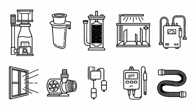 A collection of black and white line art icons representing aquarium and fish tank maintenance equipment.