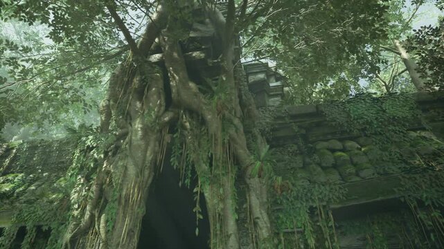 Canopylit roots draping over ancient facade, sunlight beams cutting through mist, dense vine tangles and mossy texture, evocative cinematic composition