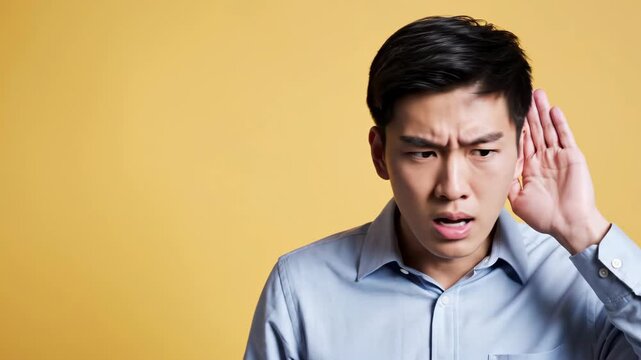 asian man with hand to ear trying to hear something against yellow background. concept of listening, eavesdropping, or hearing loss. facial expression of confusion. healthcare, communication