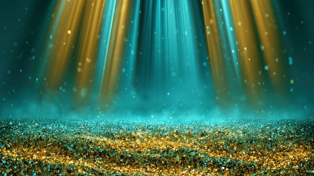 Golden and Teal Spotlight Glitter Stage Background for Event Promotion.

