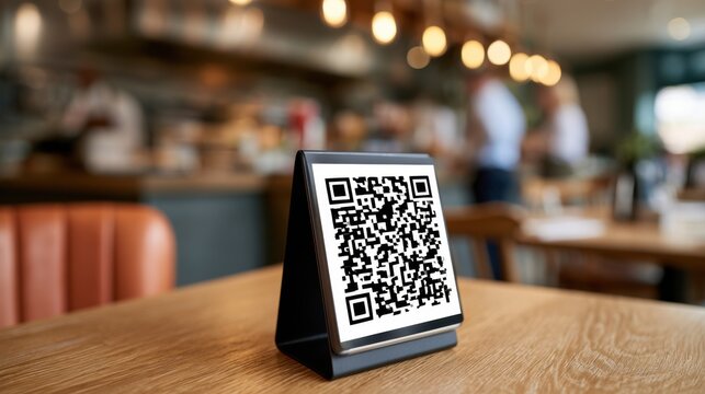QR code displayed on a black stand placed on a wooden table in a modern cafe with blurred background patrons and warm lighting ambiance