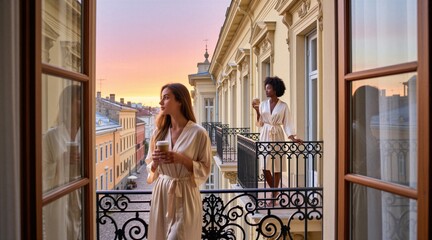 Obraz premium Two women in silk robes enjoy coffee on a European balcony at sunrise. They admire the city skyline view in soft pastel light. One woman looks left, the other right.