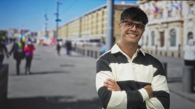 Young hispanic man wearing glasses with crossed arms standing on a sunlit street; easygoing confidence.