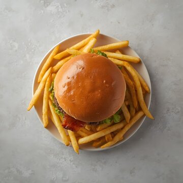 Top View Bacon Burger with Crispy French Fries on Stone Table