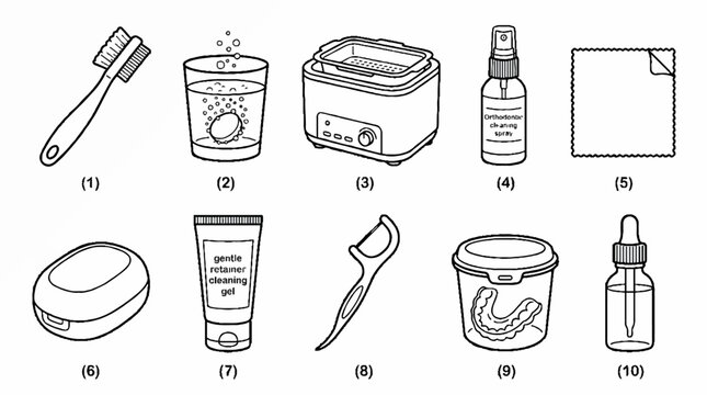 A collection of dental hygiene and orthodontic appliance cleaning tools and accessories.