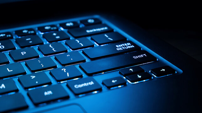 Backlit computer keyboard with blue LED glow, close up of laptop keys in dark room, cyber security and gaming hardware concept