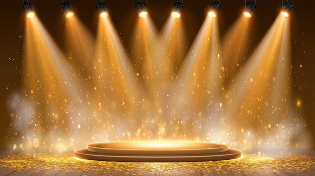 Golden Spotlight Stage Podium Background for Glamorous Event Promotion.

