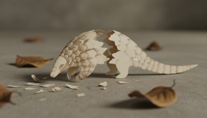 Obraz premium Detailed wooden carving of a small pangolin standing on a textured surface surrounded by fallen leaves as a delicate nature art piece