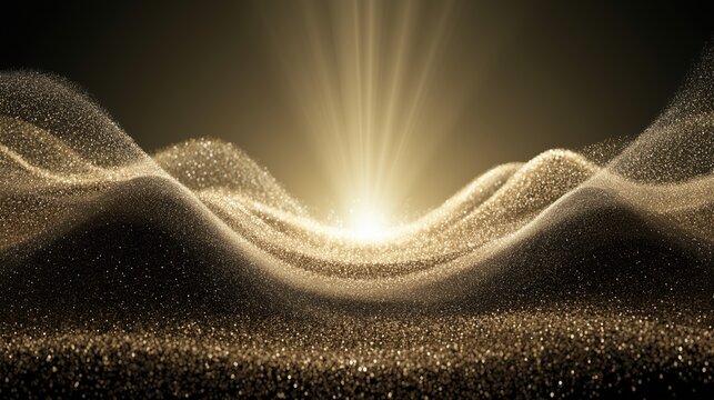 Golden Particle Wave Background with Radiant Light for Luxury Branding.

