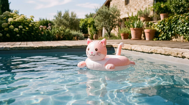 cute pink cat inflatable pool float drifting on clear water in summer garden