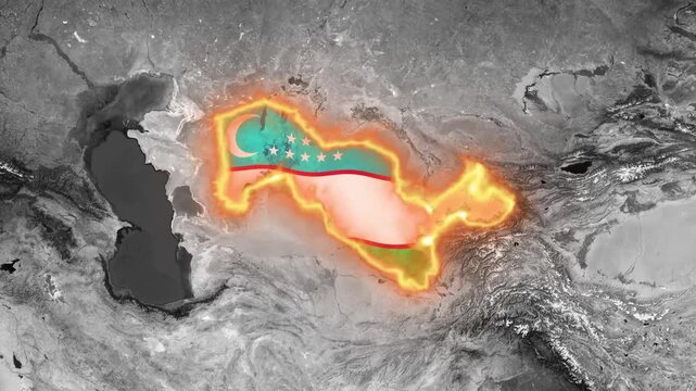 Glowing Neon Outline Map of Uzbekistan with Flag on Dark Background