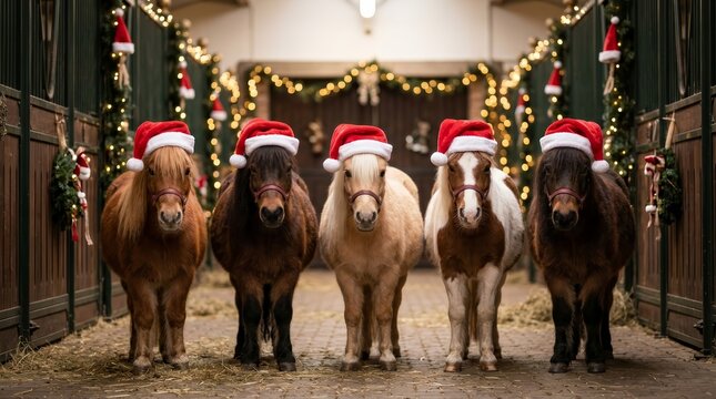Five adorable ponies wearing red Santa hats in a decorated horse stable for Christmas.