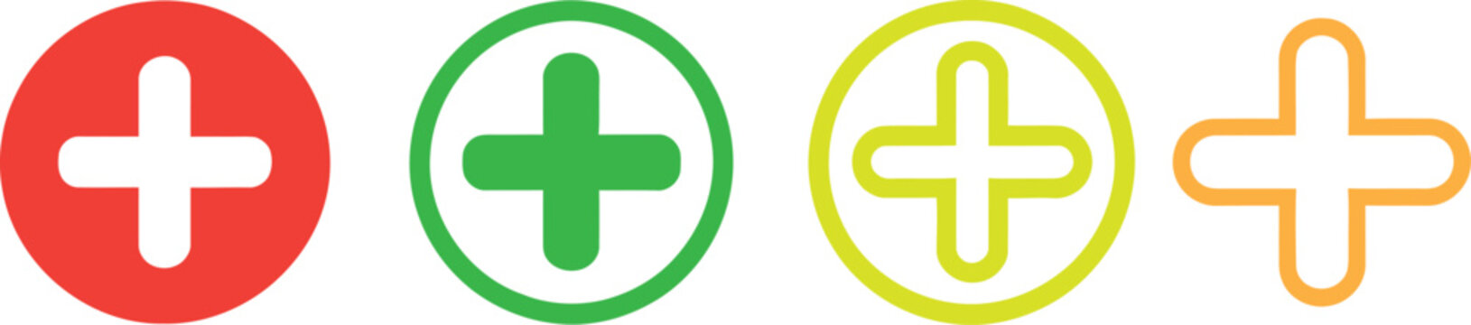 Plus sign icon vector illustration set featuring various medical and addition style marks.
