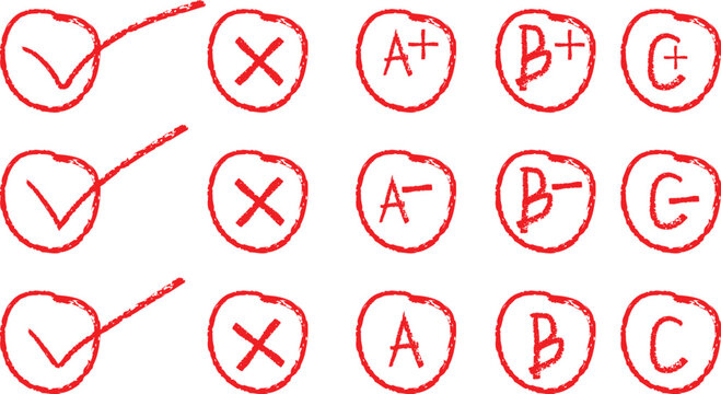 Set of hand drawn red ink circles containing check marks, cross marks, and academic grades like a plus, b minus, and c on white background