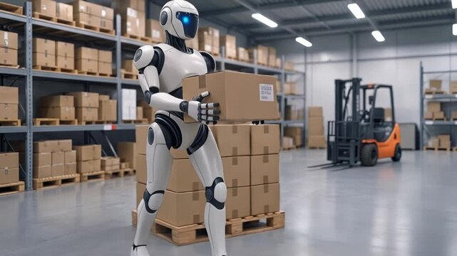 Automated humanoid robot picking up cardboard box in distribution warehouse. Logistics automation and smart manufacturing concept. Tracking shot.