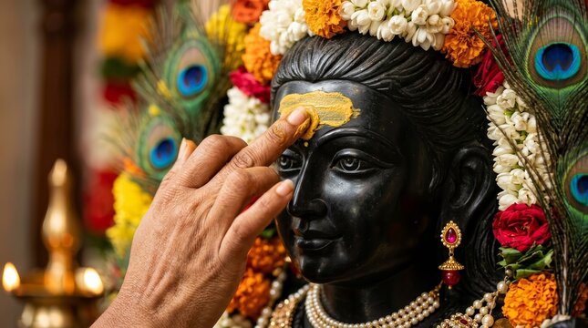 A hand applying sandalwood tilak to a black deity idol during a traditional temple worship ritual.