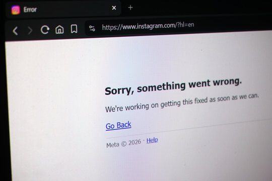 A computer screen displays an Instagram error page with the message &ldquo;Sorry, something went wrong. We&rsquo;re working on getting this fixed as soon as we can.&rdquo;