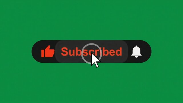 Minimalist Social Media Subscribe Button Animation with Mouse Cursor Clicking Like and Bell Icons on Green Screen
