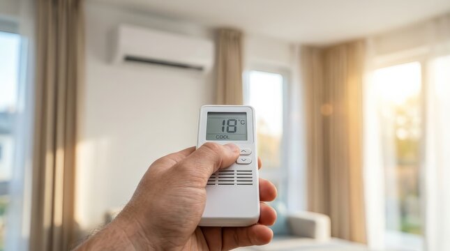 A hand holding a white remote control and pointing it at a wall mounted AC unit.