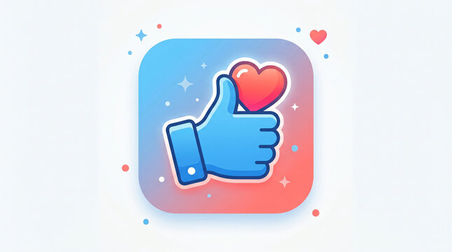 Social media thumbs up icon with heart, blue like button emoji on gradient background, digital appreciation and feedback symbol for marketing