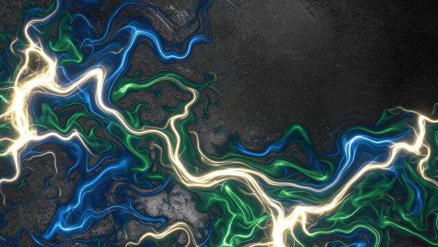 Sfondo astratto con fulmini al neon e fumo colorato su texture scura