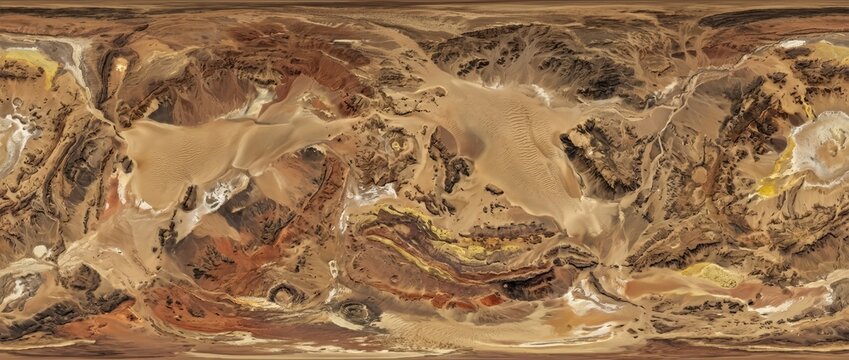 Expansive 360-degree aerial view of an abstract desert landscape featuring intricate sand dunes, eroded geological formations, dry riverbeds, and unique mineral patterns in diverse earth tones.