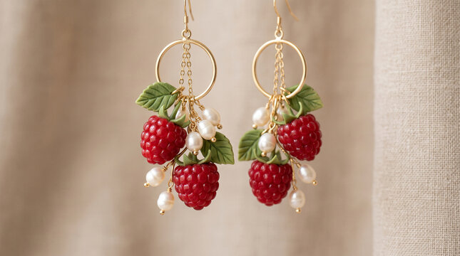 handcrafted raspberry dangle earrings with pearls and gold rings on neutral background