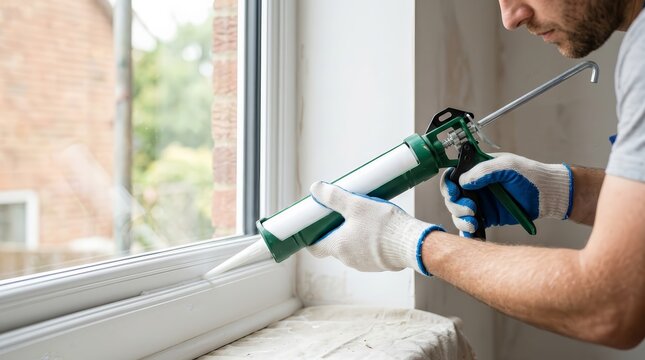 A worker in gloves uses a caulking gun to apply sealant to a white window frame.