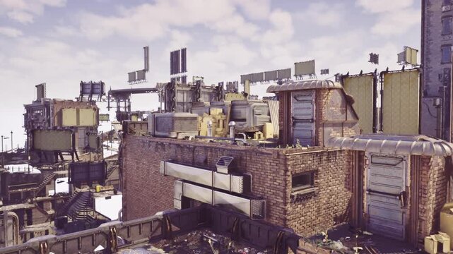 rooftop equipment and parapet viewed from angle, open sky and distant buildings provide context, industrial silhouettes against pale sky, urban vantage point