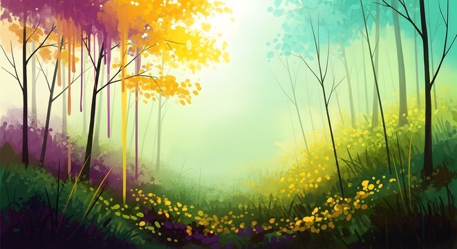 Abstract watercolor painting of a dreamy forest landscape with vibrant yellow and green foliage in soft light