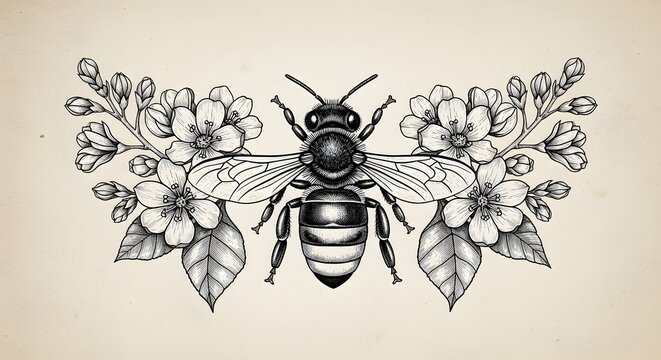 Vintage hand drawn illustration of a honey bee surrounded by blooming spring flowers on textured paper background
