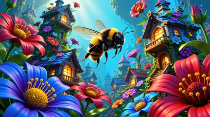 Obraz premium Fantasy beehive town with giant flowers. Bumblebee flies over colorful houses in enchanted garden. Magical, whimsical, nature setting with bright flora and tiny dwellings.