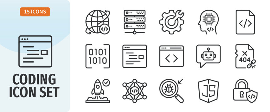 Coding icon set, web development and programming line icons, software engineering, digital technology, computer code, data processing, server, bug fixing, javascript, artificial intelligence, vector i