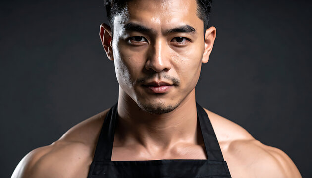 Muscular Asian man with focused expression, sweat on skin, wearing black apron, studio portrait, strong physique