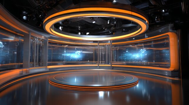 Futuristic news studio with orange neon lighting, modern television broadcast stage, high-tech virtual set for media production and breaking news
