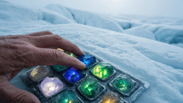 Mano che premi bottoni di cristallo luminoso sul ghiaccio