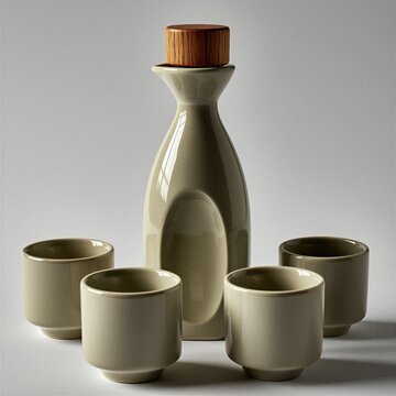Elegant sake set with ceramic carafe and four small cups arranged in minimalist studio style. Japanese traditional tableware for enjoying beverage. Refined drinkware for Asian culture.