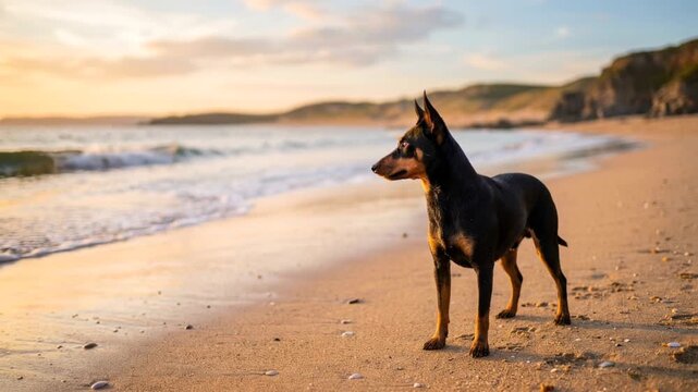 english toy terrier close up at cornwall beach england during golden light video