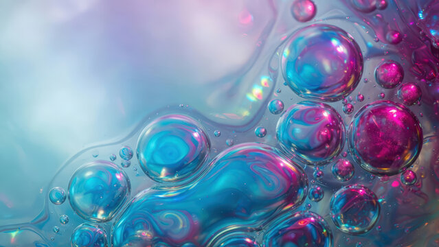Bolle d'acqua e olio iridescenti con riflessi al neon e sfondo astratto