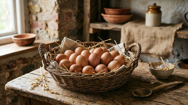rustic wicker basket with fresh organic eggs on wooden table in country kitchen
