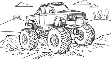 Black and white line coloring page of a monster truck with oversized tires driving over a dirt mound in a hilly landscape with trees and clouds © PixelSaga MH2 